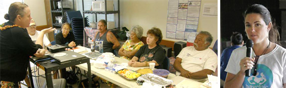 Shows Charlotte Grimm talking to a diabetes class. ON THE TABLE IN FRONT OF HER  ARE ITEMS THAT HAVE BEEN BROUGHT FOR A DIABETES-FRIENDLY POT LUCK TO BE ENJOYED AFTER CLASS. On the right is a photograph of Stacy Haumea,a Registered Dietitian who is Director of Diabetes Education for the Bay Clinic.