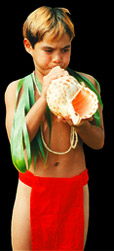 Boy plowing  conch shell.